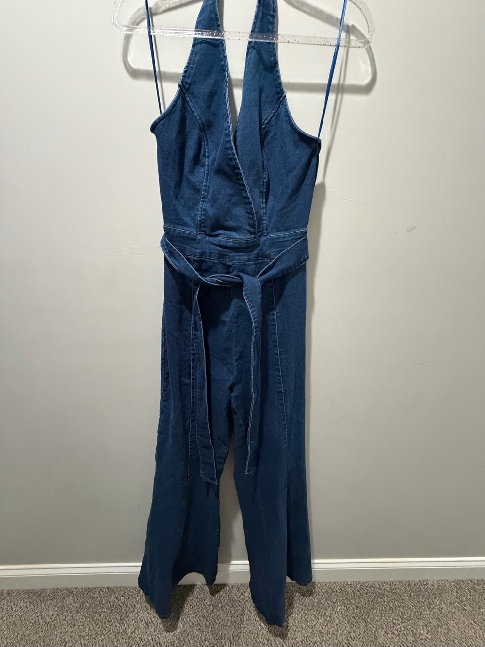 Denim Jumpsuit in Dark Blue with Halter Neck